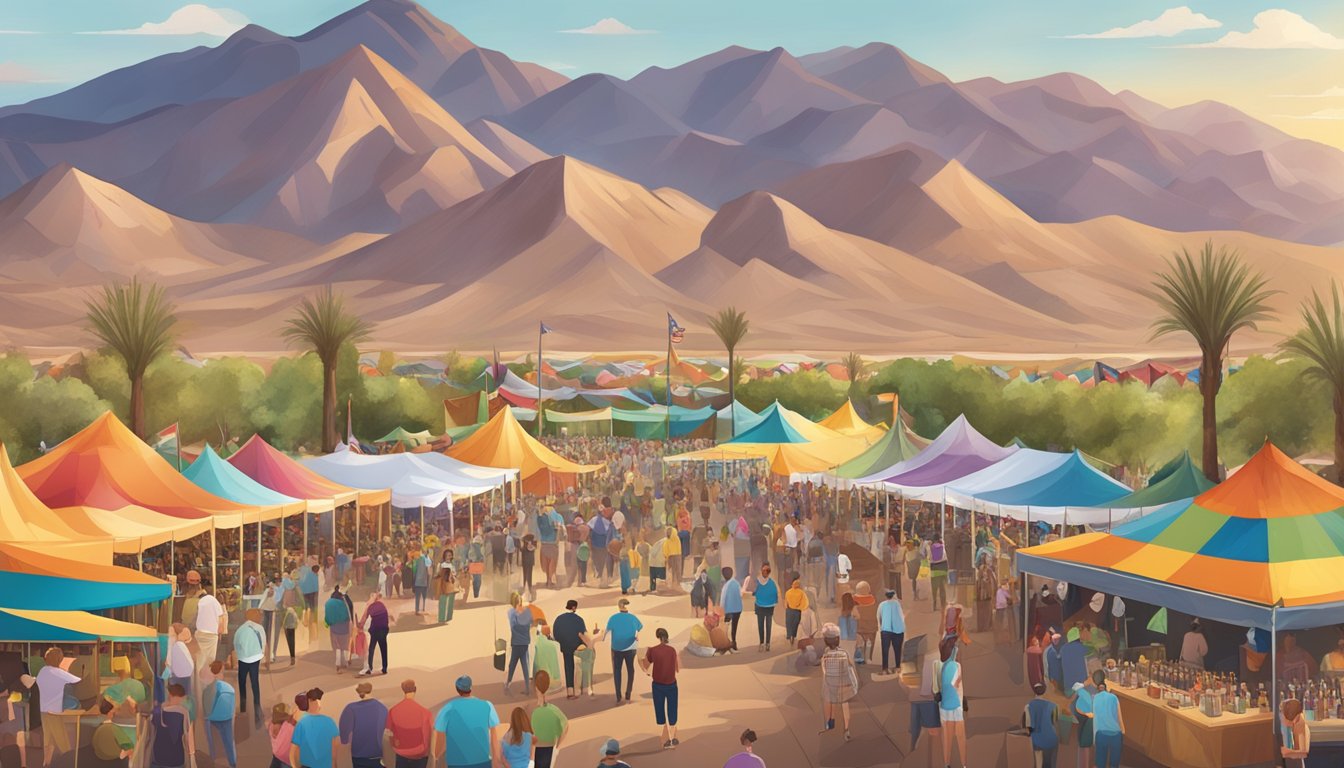 A bustling craft beer festival with colorful banners and diverse beer tents set against a backdrop of desert mountains in Scottsdale, AZ