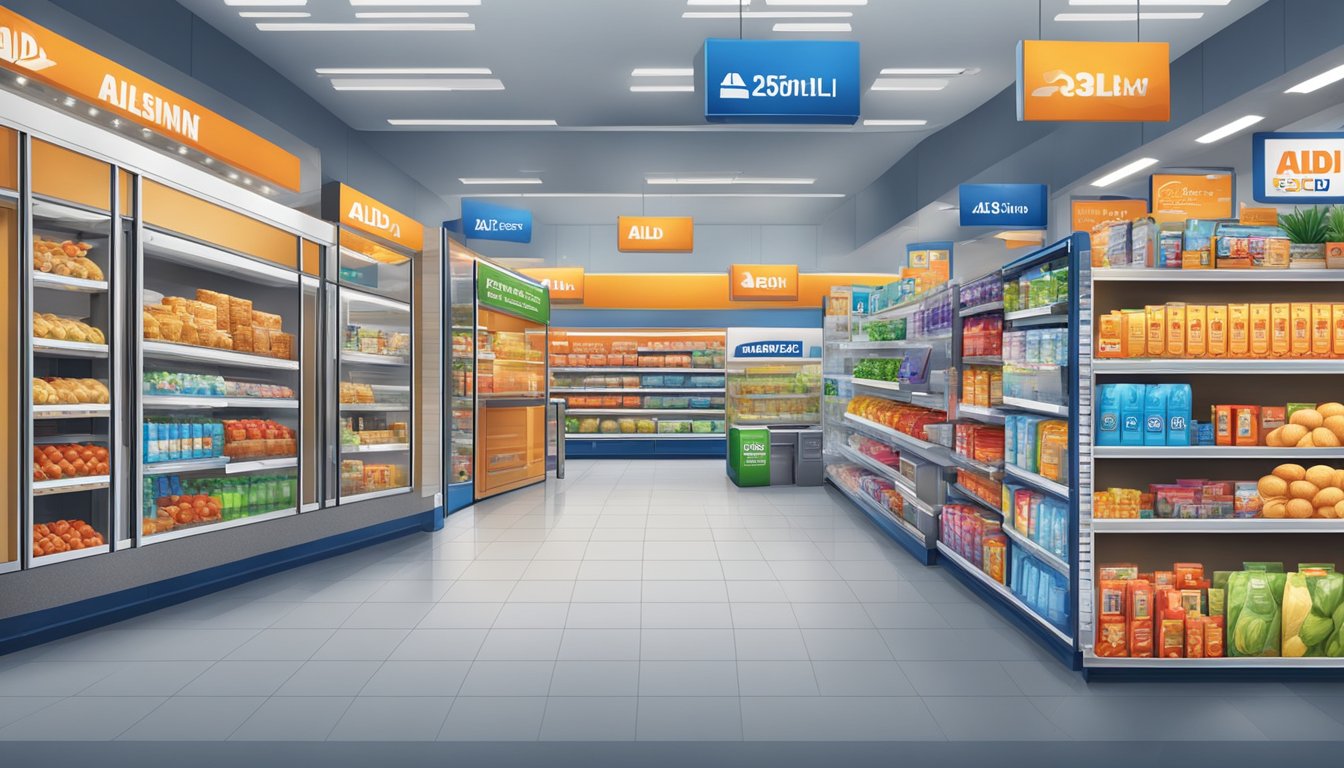 Aldi store with a variety of payment options displayed, including cashback offers