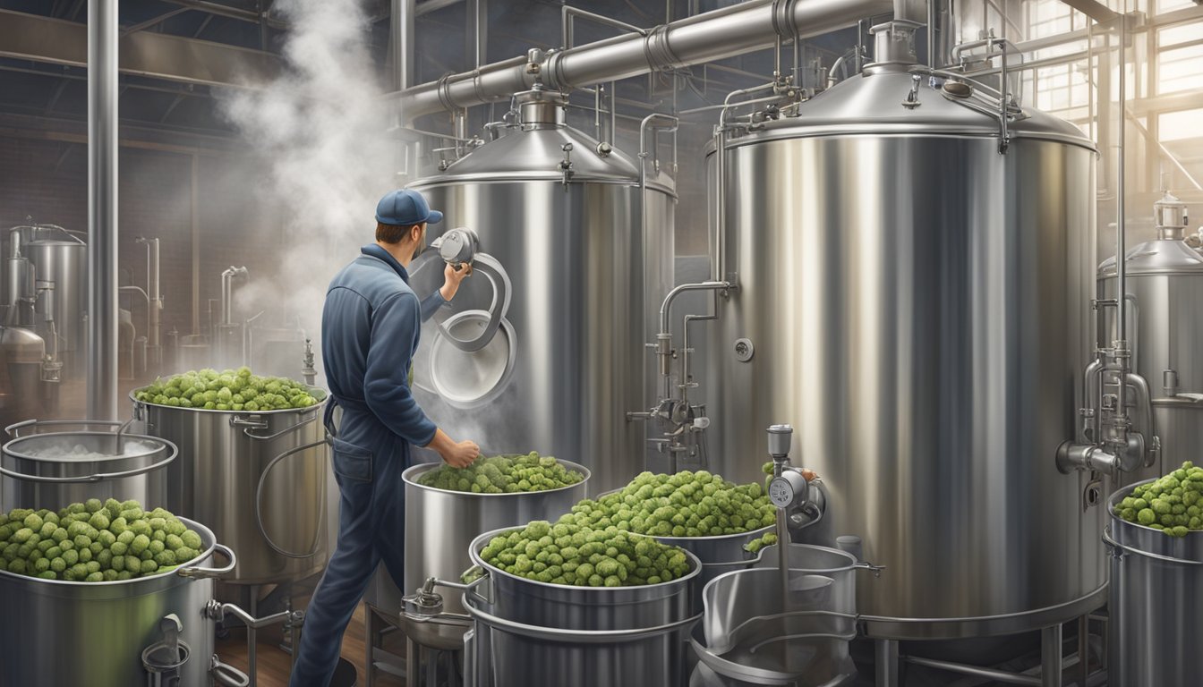 A brewery worker pours hops into a large stainless steel kettle as steam rises, surrounded by towering fermenters and brewing equipment