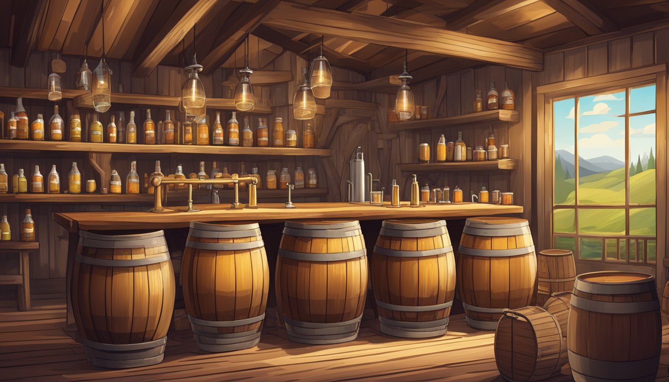 A rustic brewery with barrels, taps, and beer flights on a wooden table. A guide leads visitors on a tour of the facility