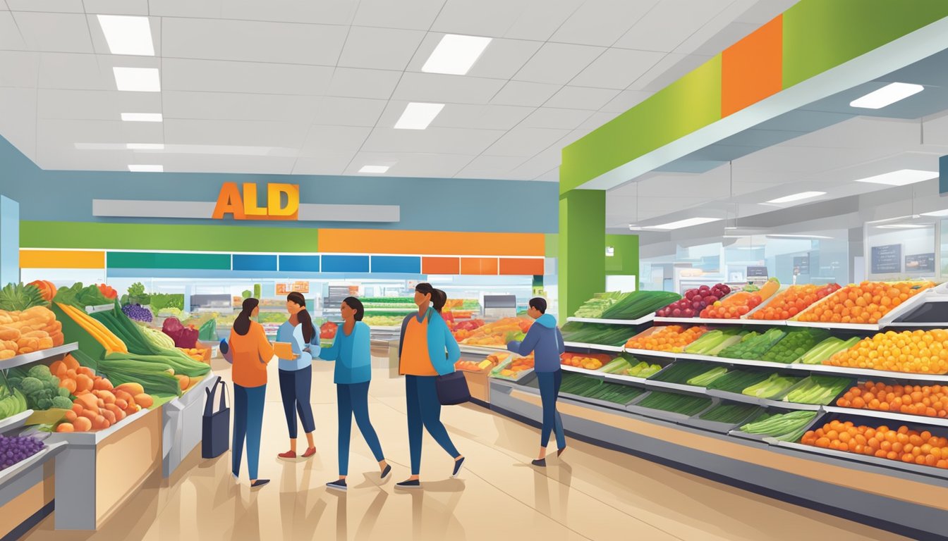 A bustling Aldi store with colorful displays of fresh produce, customers using cashback, and signs promoting tips to maximize savings