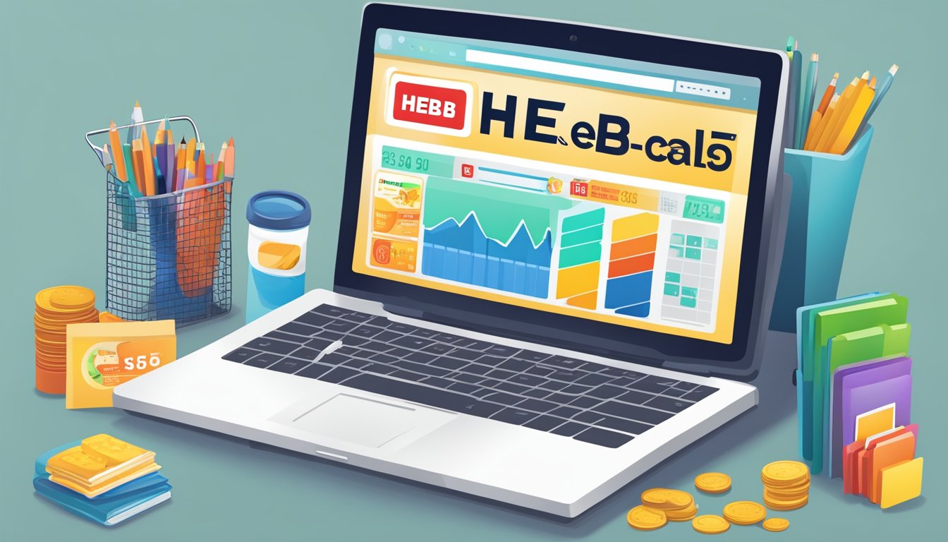 A computer screen displaying the H-E-B website with various products and deals, a cashback offer highlighted, and a calculator showing savings increasing