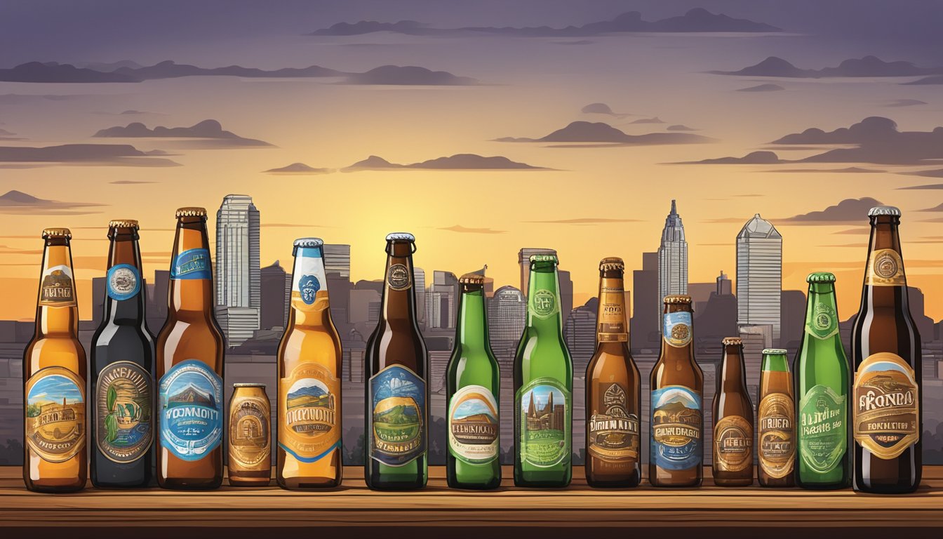 A variety of craft beer bottles and cans arranged on a wooden table with a backdrop of the Peoria, AZ skyline