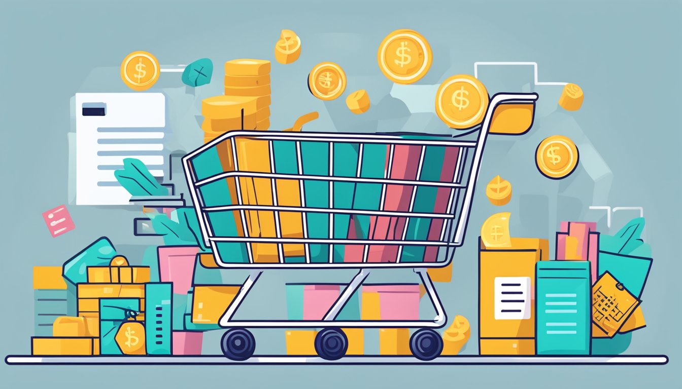 A shopping cart filled with groceries and a receipt, surrounded by cashback offers and savings tips