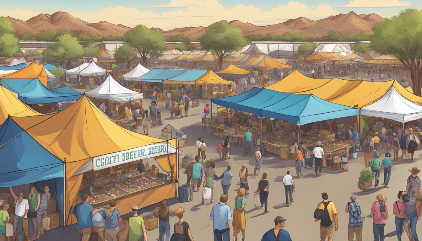 A bustling outdoor festival with colorful tents and banners, showcasing a variety of local craft beer vendors in Scottsdale, Arizona