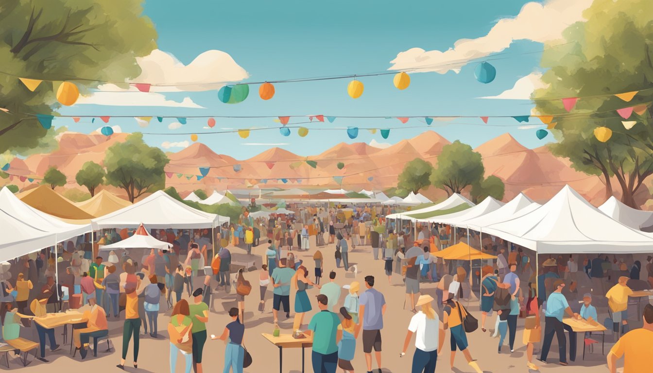 A bustling outdoor cider and cocktail festival with colorful tents, live music, and happy patrons enjoying local craft beverages in Peoria, AZ