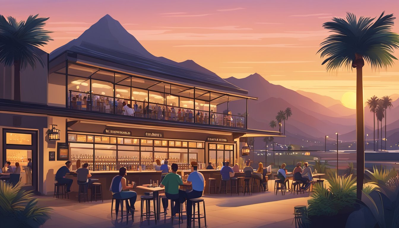 A bustling brewpub with outdoor seating, surrounded by palm trees and a mountain backdrop. Patrons enjoy local craft beers at sunset