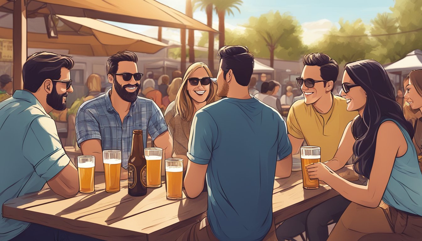 A group of friends gather around a table at an outdoor craft beer garden, enjoying a variety of local brews in the warm Scottsdale sunshine