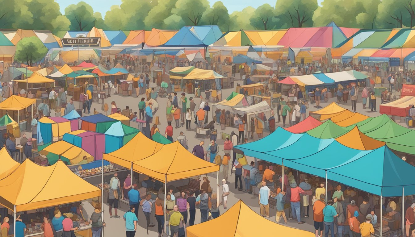 A bustling outdoor beer festival with rows of colorful tents, people sampling craft beers, live music, and food trucks lining the streets