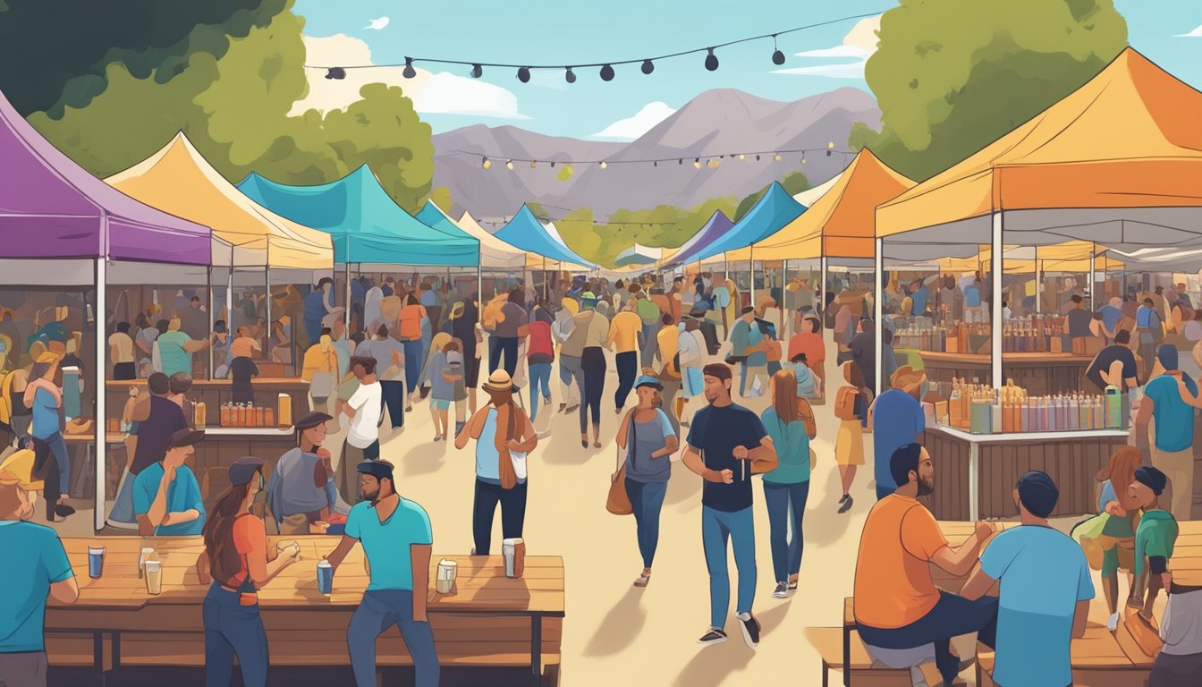 A bustling craft beer festival in Corona, CA, with rows of colorful booths, lively music, and people enjoying a variety of unique brews