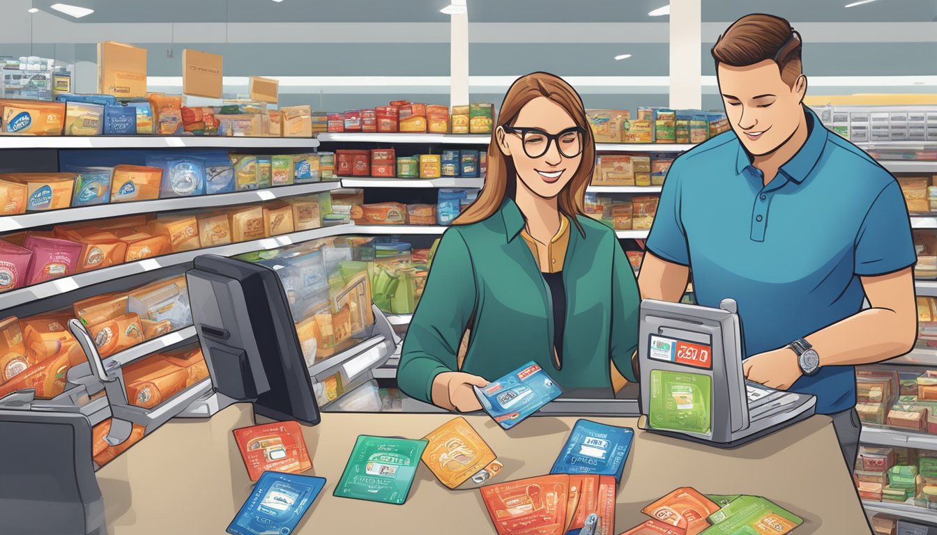 A customer swiping their membership card at the Costco checkout, surrounded by various items with cashback rewards stickers