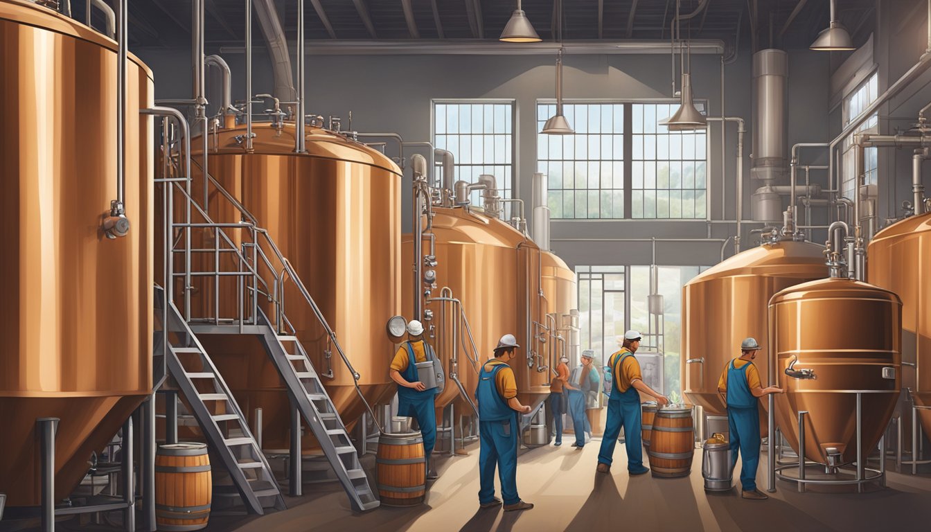 A bustling craft brewery in Corona, CA, with workers tending to large copper brewing tanks and filling barrels with freshly brewed beer