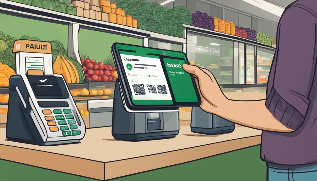 A customer holds a smartphone near a contactless payment terminal at Whole Foods Market. The terminal displays a confirmation of the transaction