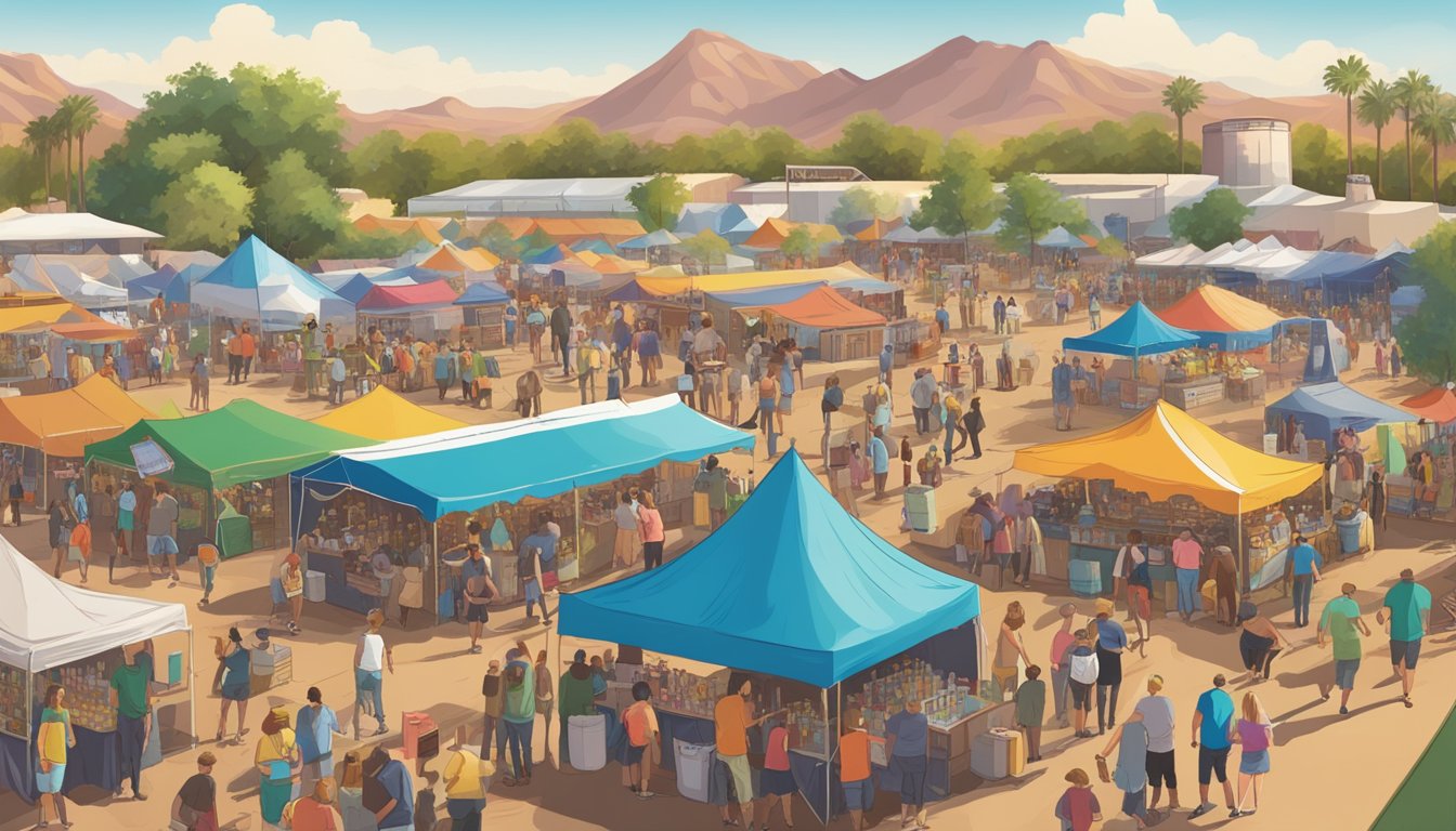 A bustling craft beer festival in Peoria, Arizona, with rows of colorful tents, live music, and people enjoying various beers