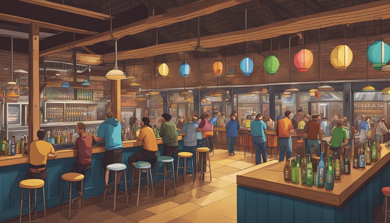 A bustling brewery arcade with colorful beer taps and patrons enjoying local craft brews