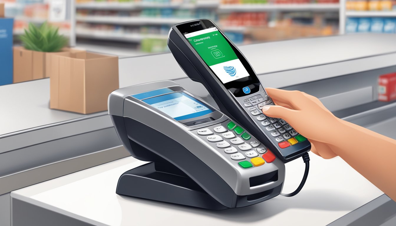 A customer tapping their phone on a contactless payment terminal at a Costco checkout counter