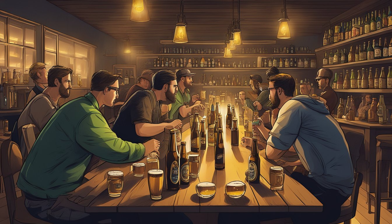 A group of Beer Aficionados gather around a table, sampling various local craft beers from Corona, CA. The room is dimly lit, with a spotlight shining on the assortment of beer bottles and glasses