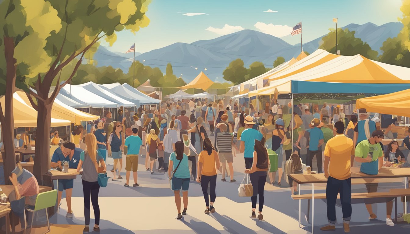 A bustling craft beer festival in Corona, CA, with colorful tents, food trucks, and live music. Patrons sample local brews and socialize in the sunny outdoor setting