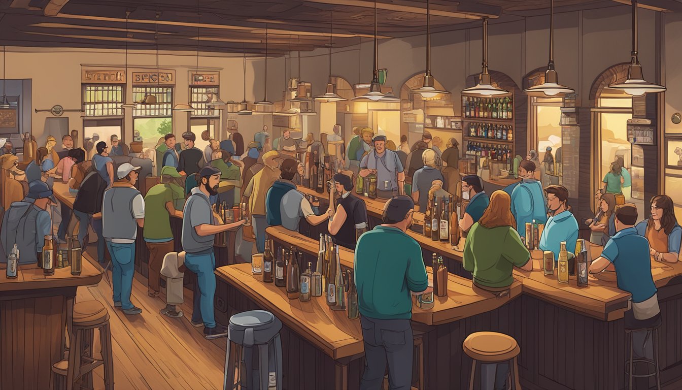 A bustling taproom with a variety of craft beer taps lining the bar, surrounded by locals enjoying pints and socializing