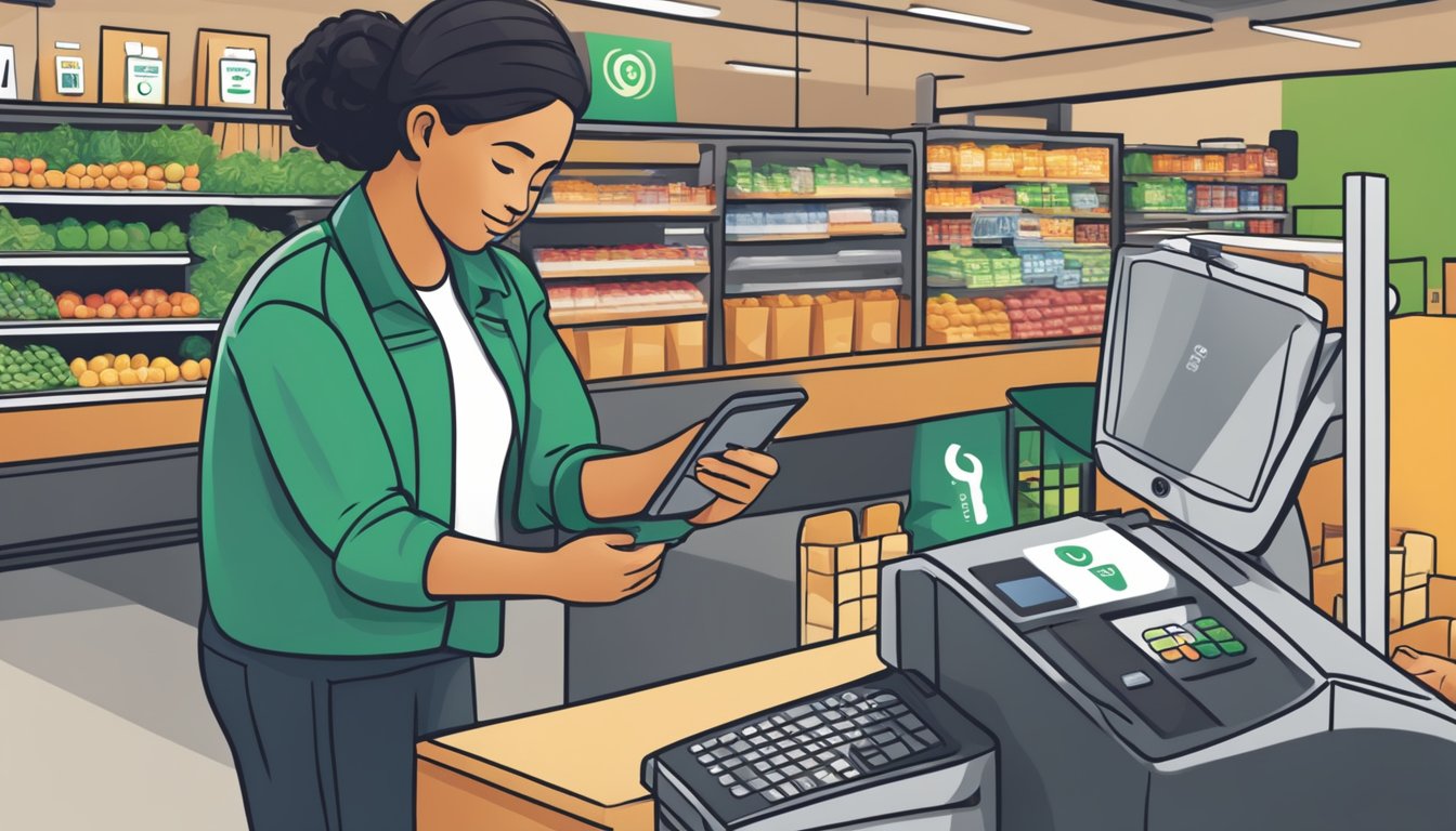 A cashier at Whole Foods scans a customer's phone with an Apple Pay logo at the checkout counter