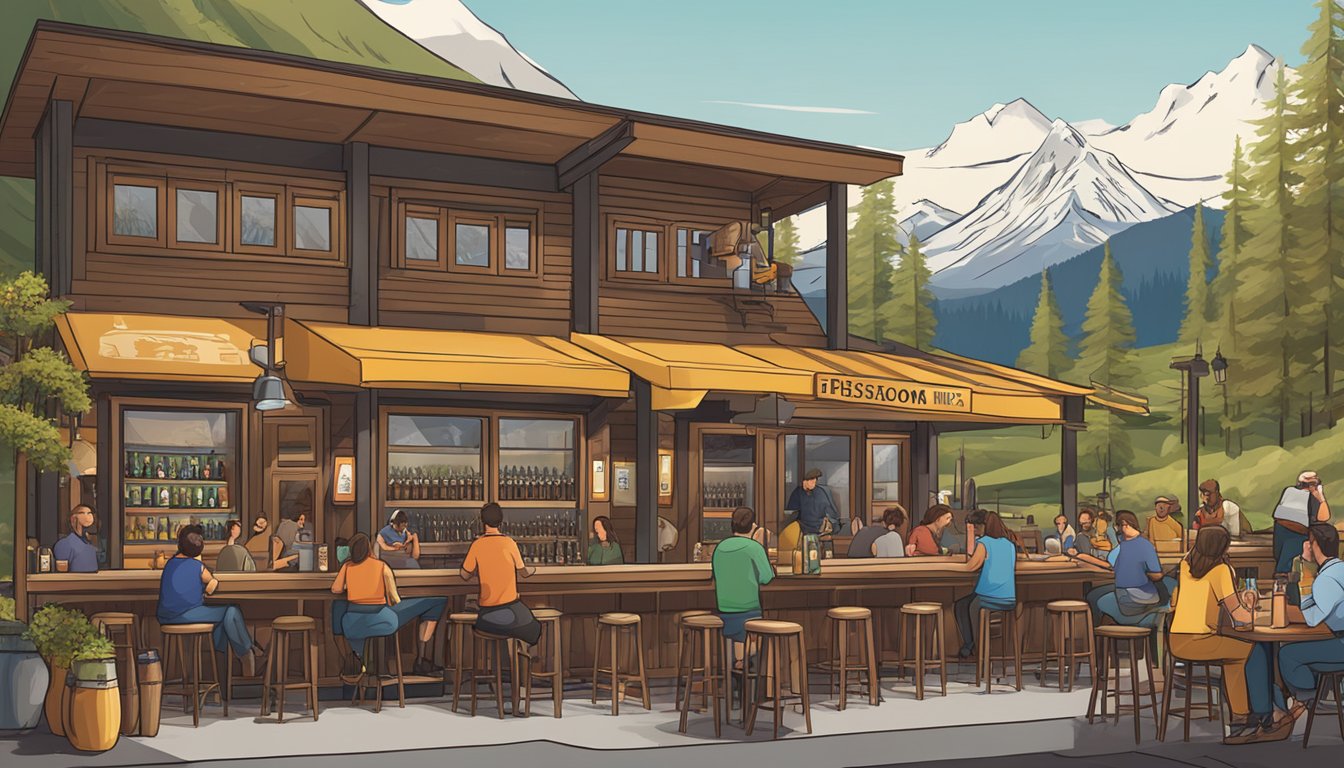 A bustling taproom with diverse beer styles, outdoor seating, and a mountain backdrop