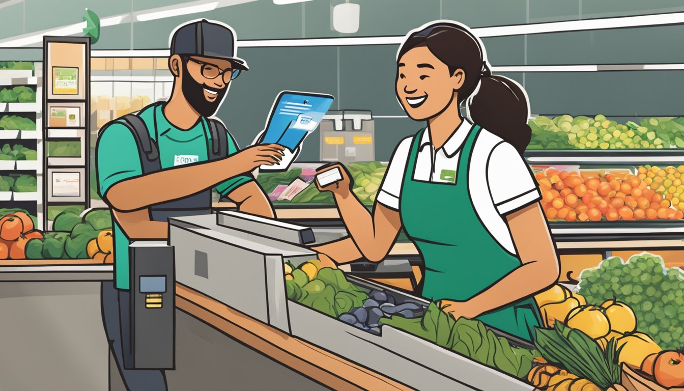 A customer uses Apple Pay at the Whole Foods Market checkout counter, while a cashier smiles and bags groceries