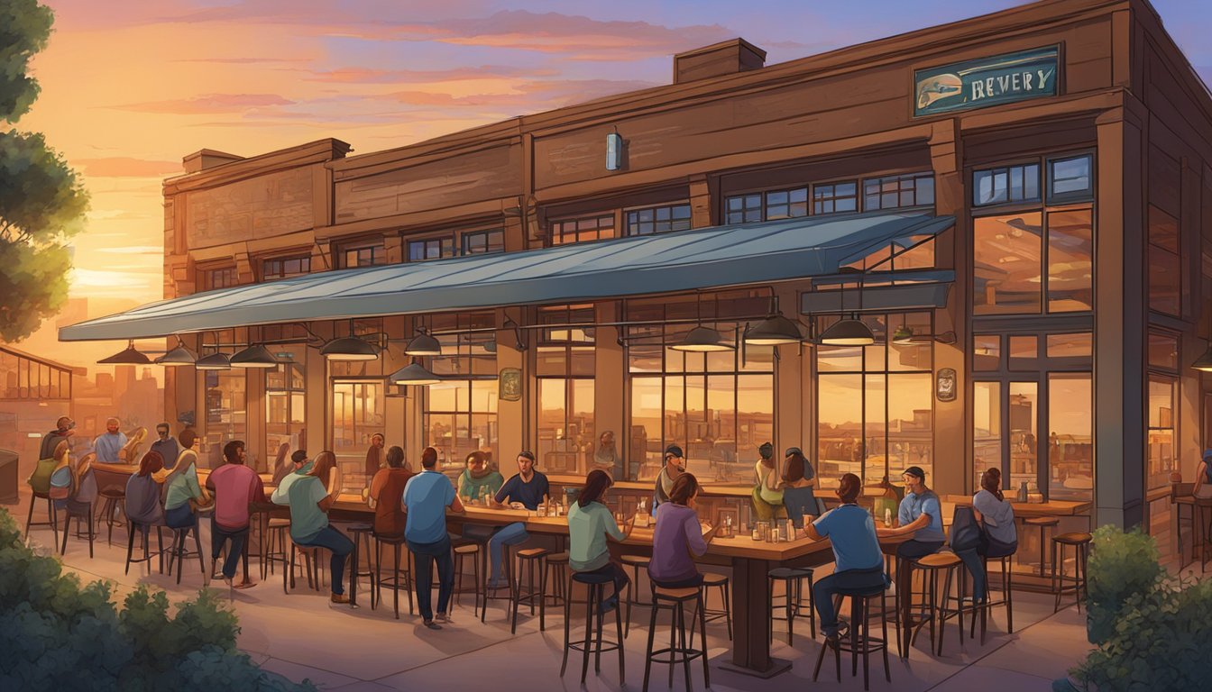 A bustling brewery scene with diverse patrons enjoying craft beer flights in a vibrant, industrial-chic taproom. Outdoor seating offers views of the Arizona sunset