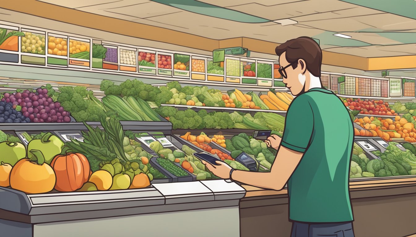 A person holding a variety of organic fruits and vegetables while using their smartphone to make a payment at a Whole Foods Market checkout counter