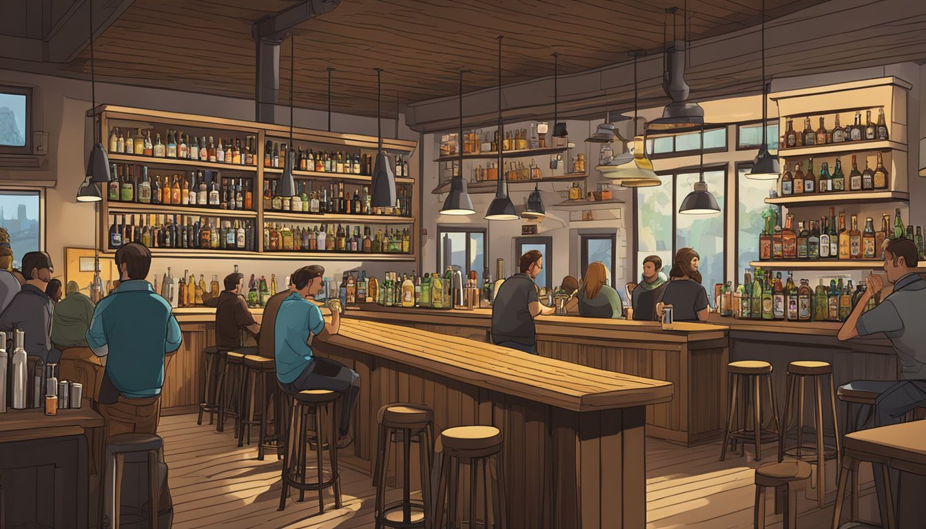 A bustling taproom with a variety of craft beer taps, surrounded by shelves of beer bottles and cans. Tables and bar stools fill the space, with customers enjoying their drinks