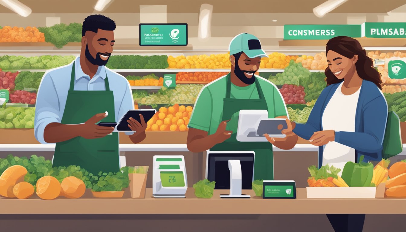 Customers using mobile devices to make contactless payments at checkout in Whole Foods Market