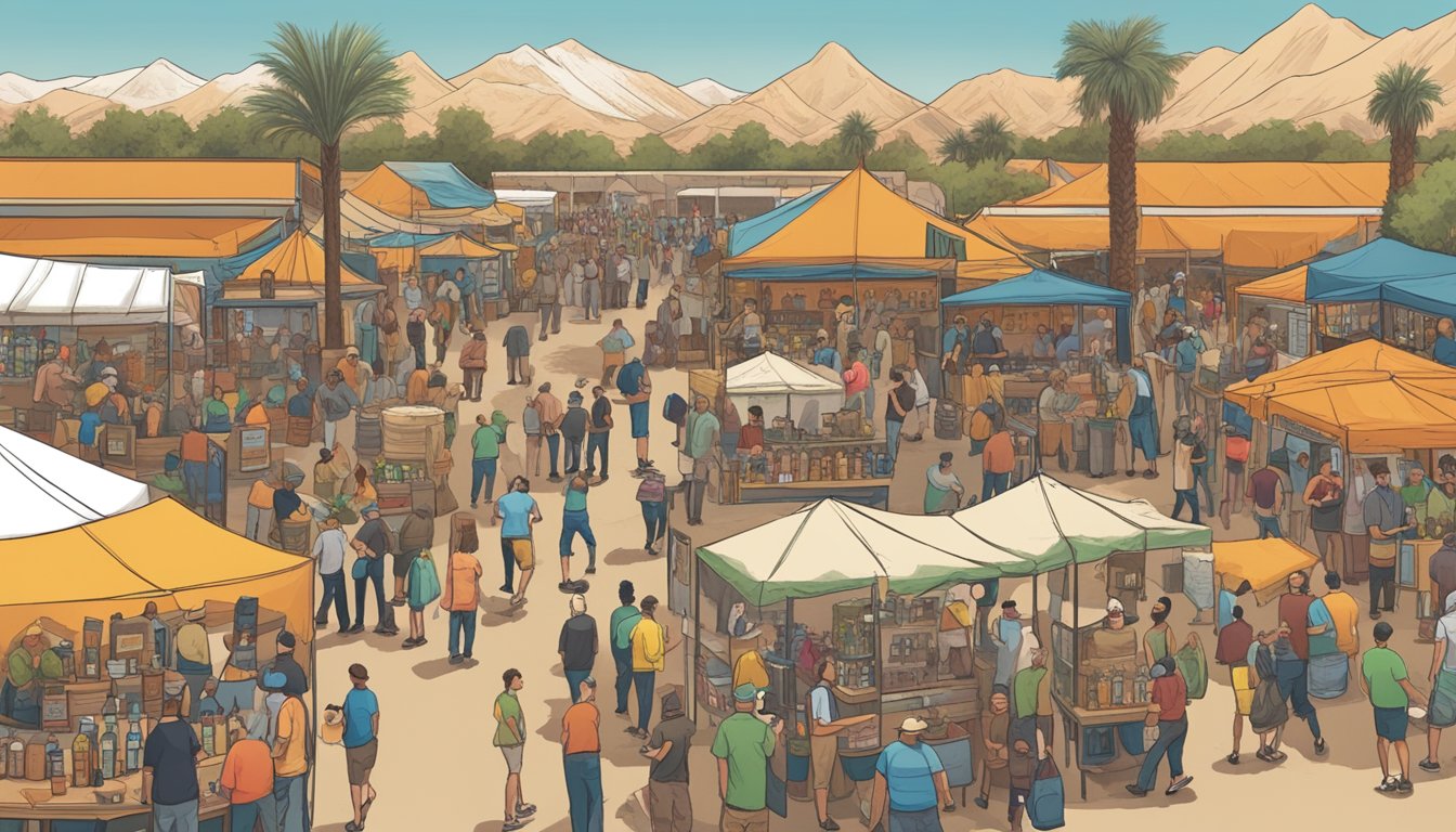 A bustling beer festival in Tucson, AZ, with rows of craft beer vendors, live music, and happy attendees enjoying the local brews