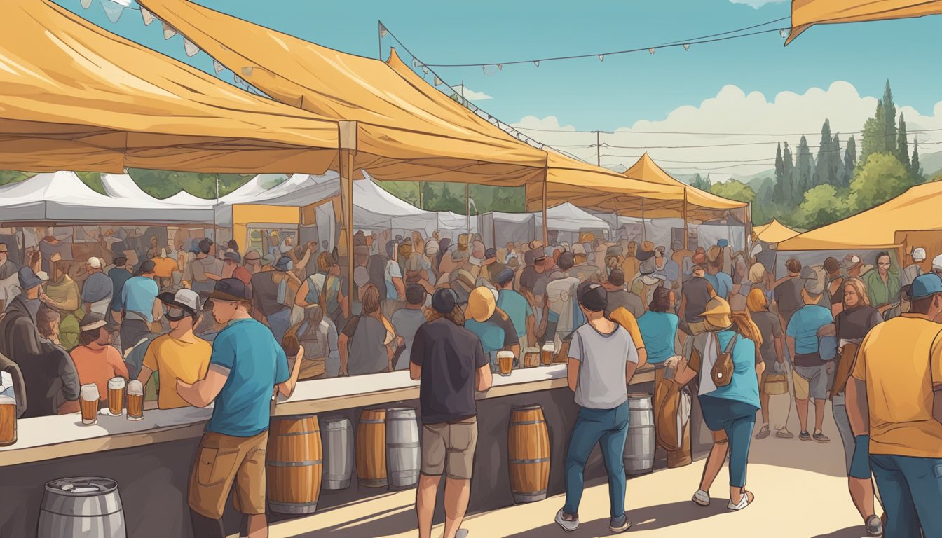 A bustling craft beer festival in Downey, CA, with local breweries showcasing their unique brews and patrons enjoying tastings and live music