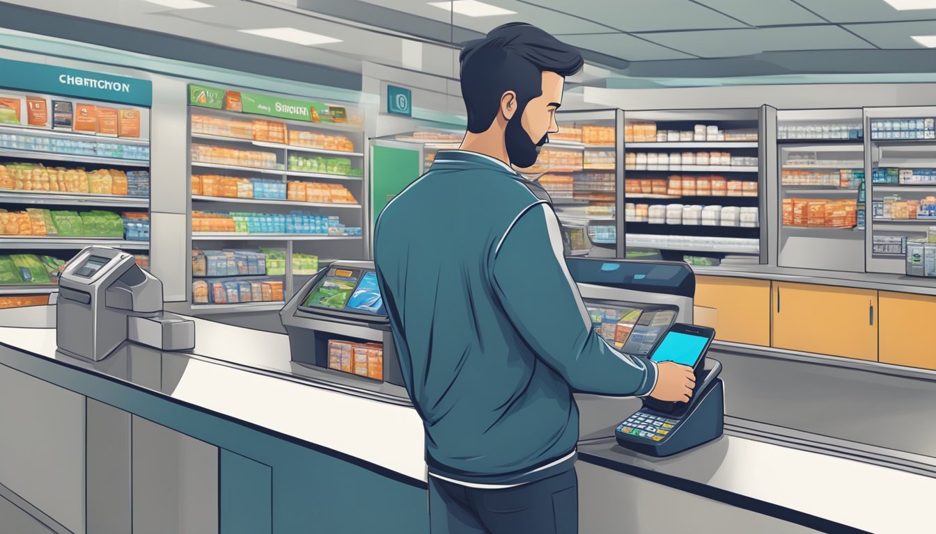 A customer holding a smartphone approaches the checkout counter at Albertsons, tapping the device on the payment terminal to complete a transaction