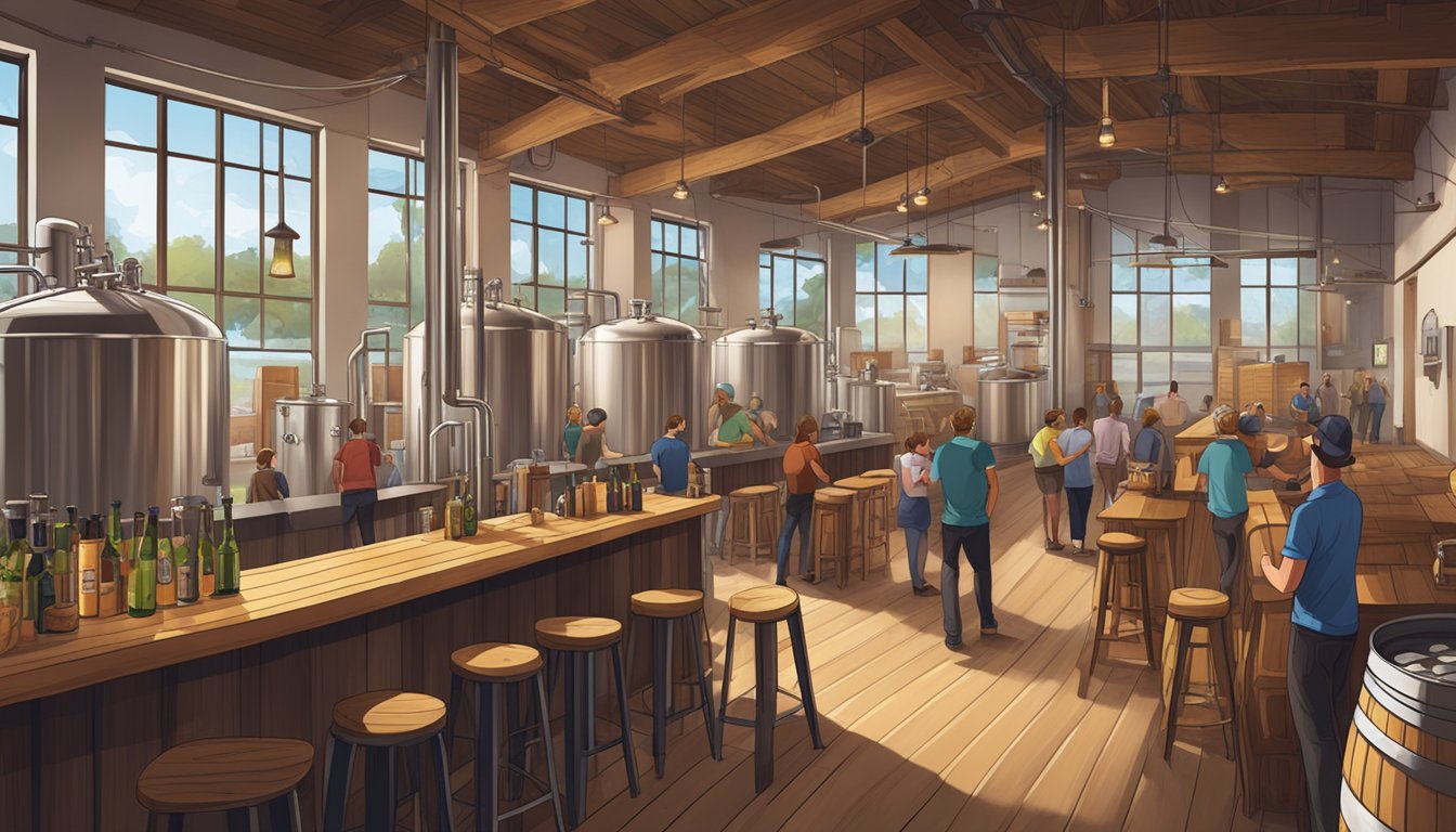 A bustling brewery taproom with patrons enjoying local craft beer, surrounded by stainless steel brewing equipment and wooden barrels