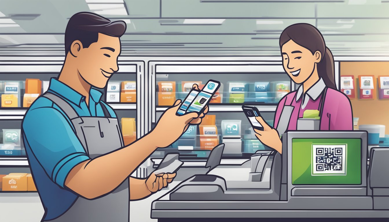 A customer holding an iPhone with the Apple Pay logo displayed, while a cashier at Albertsons scans a barcode on the customer's phone