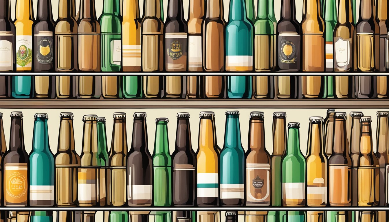 A row of colorful craft beer bottles on display at a local Downey, CA brewery