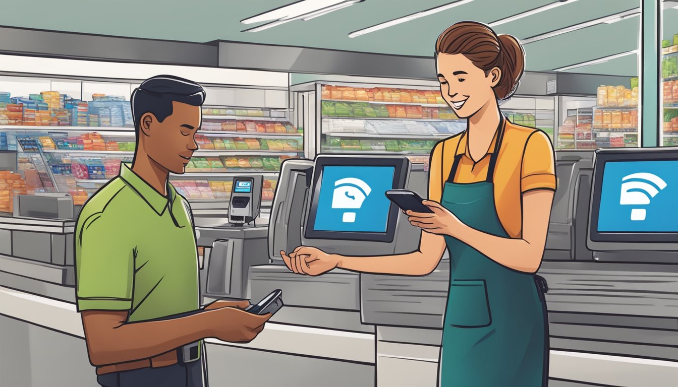 A customer holds their phone near the payment terminal at an Albertsons store, while a cashier watches the transaction