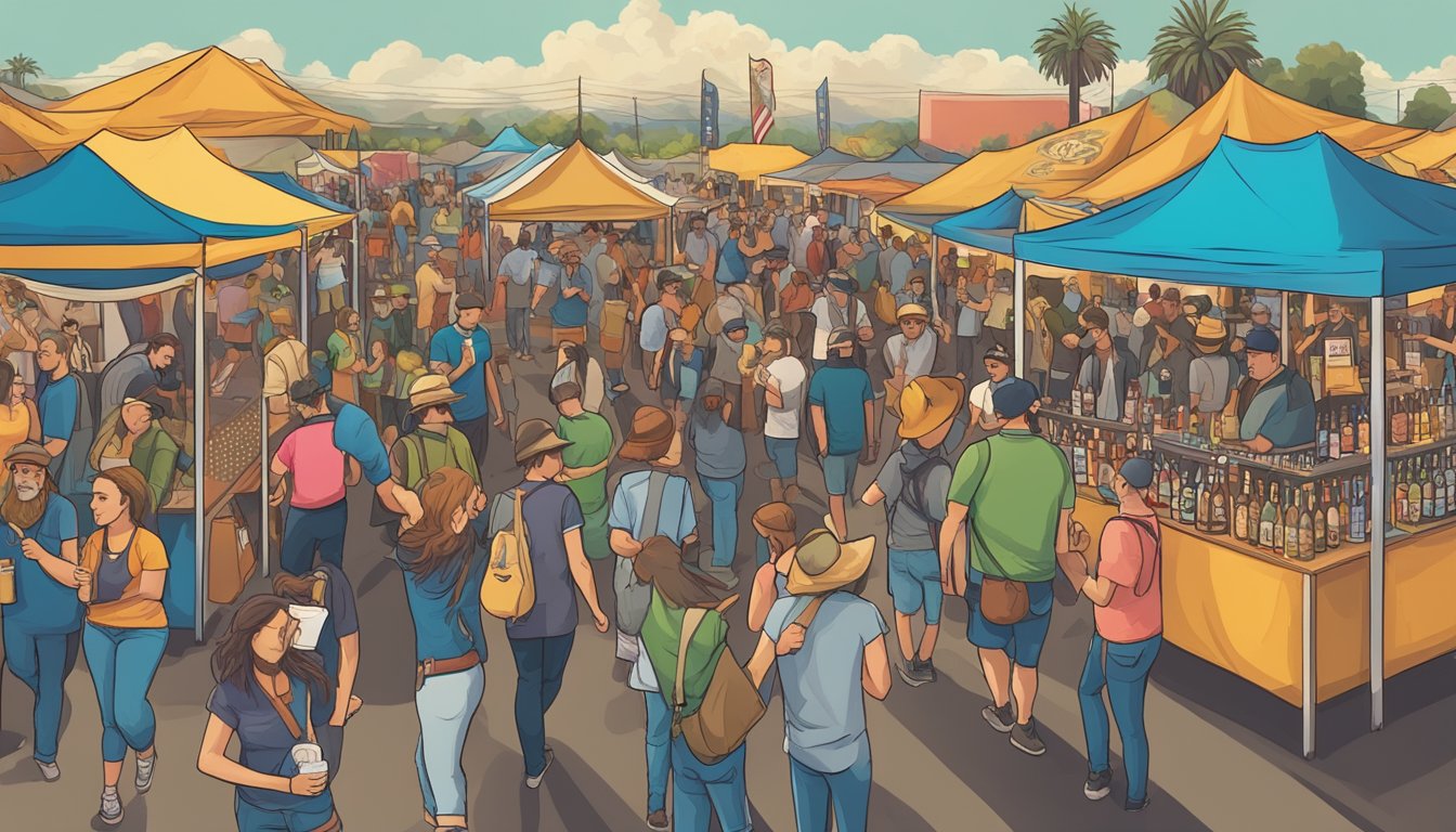 A bustling craft beer festival in Downey, CA, with a variety of breweries showcasing their unique and colorful beer labels, surrounded by enthusiastic beer enthusiasts sampling and socializing