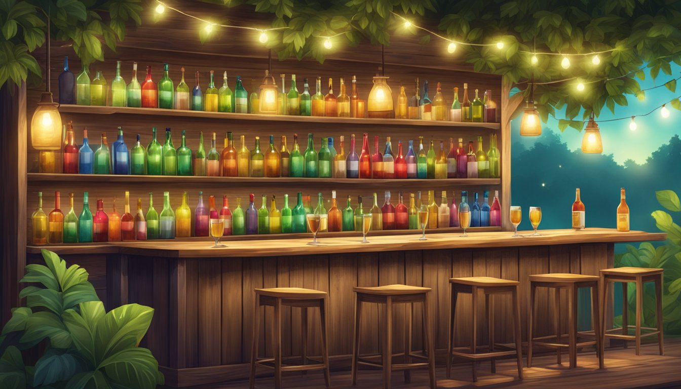 A rustic wooden bar with shelves of colorful bottles and glasses, surrounded by lush greenery and twinkling string lights