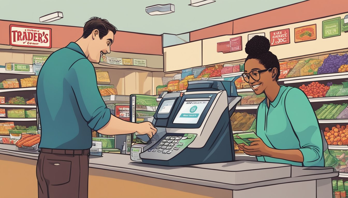 A customer holds a phone near a payment terminal at Trader Joe's, while a cashier watches. The store logo is visible