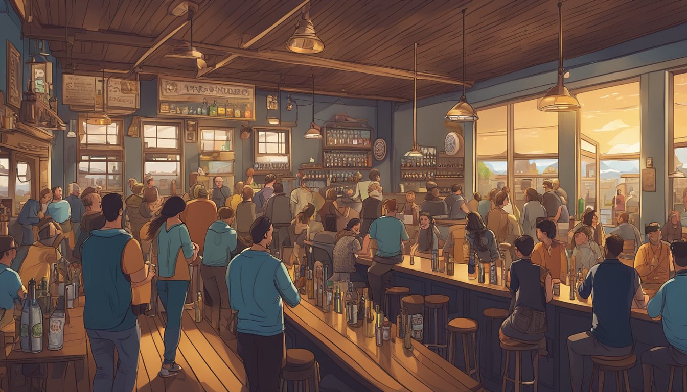 A bustling taproom with a variety of unique craft beer taps, surrounded by locals enjoying pints and conversation