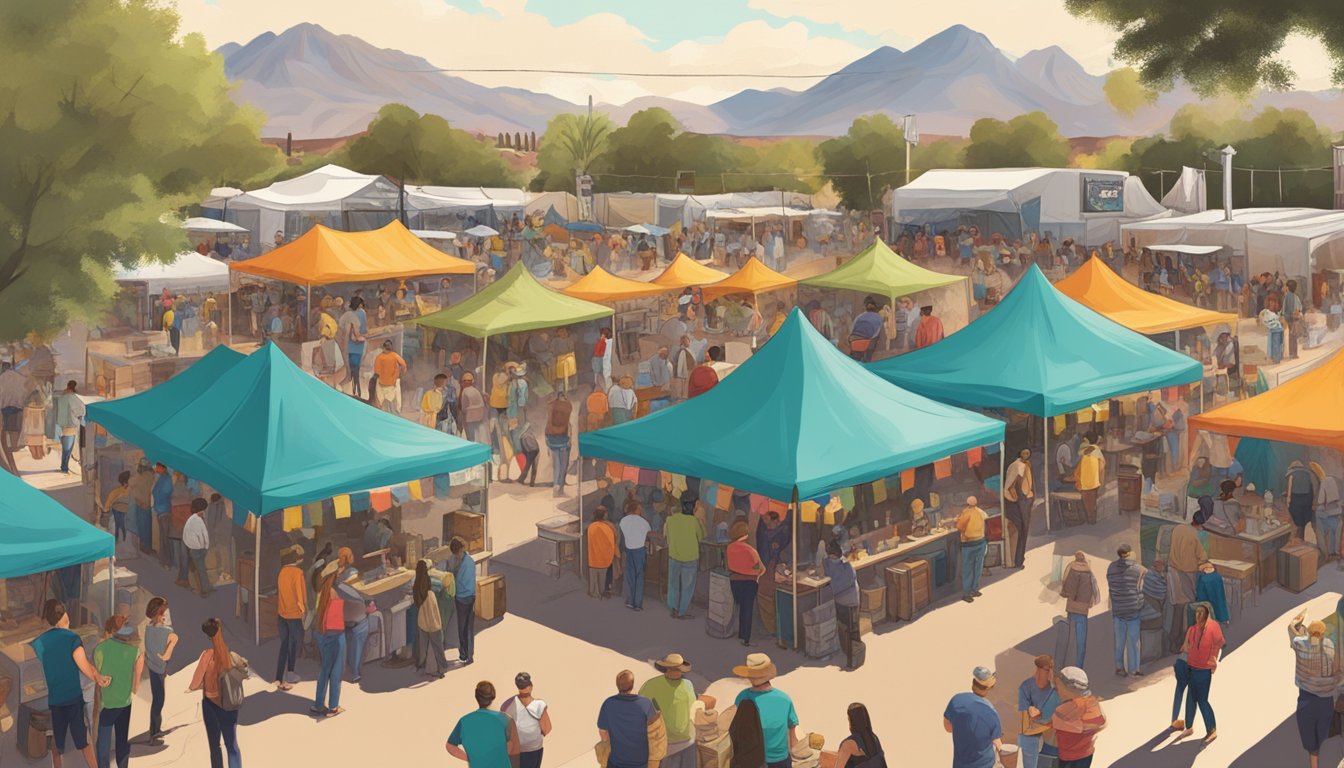 A bustling craft beer festival in Tucson, with colorful tents and lively music, as patrons sample local brews and chat with passionate brewers