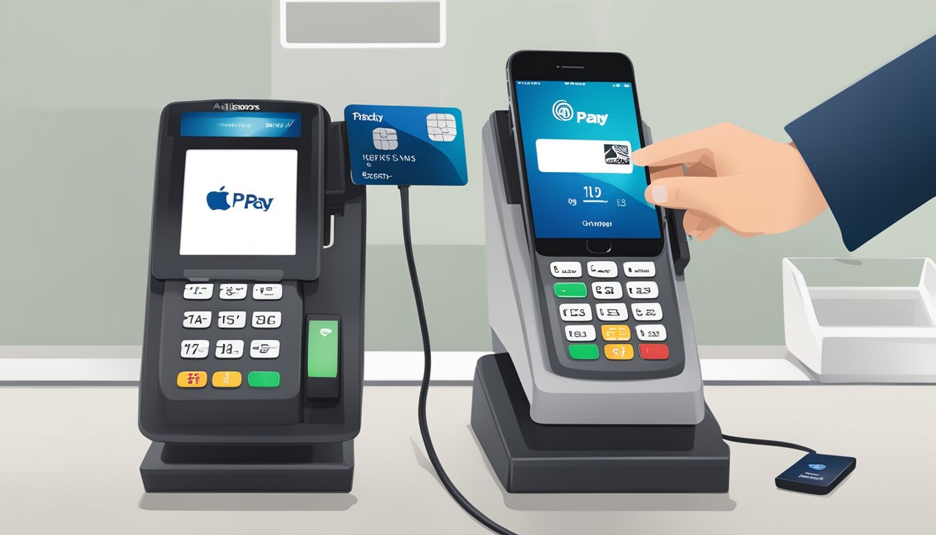 A customer tapping their phone on a payment terminal at an Albertsons store, with the Apple Pay logo displayed on the screen