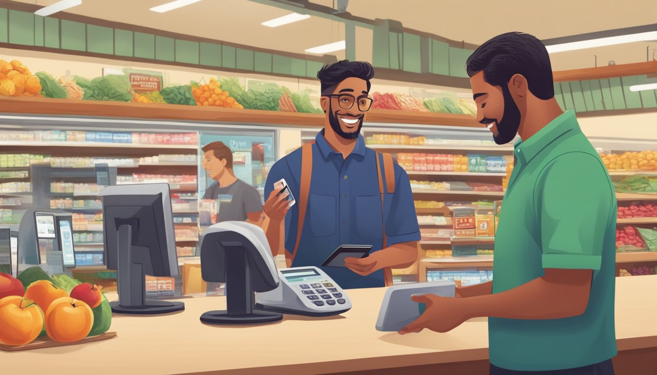 A customer uses their smartphone to make a payment at the checkout counter in Trader Joe's, while a friendly cashier scans their items