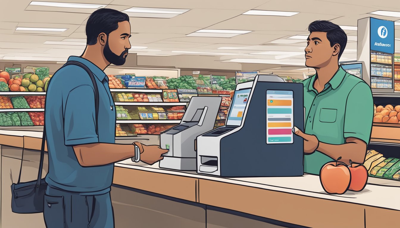 A customer at Albertsons attempts to use Apple Pay at the checkout but encounters an issue. The cashier and customer both look puzzled as they try to resolve the problem