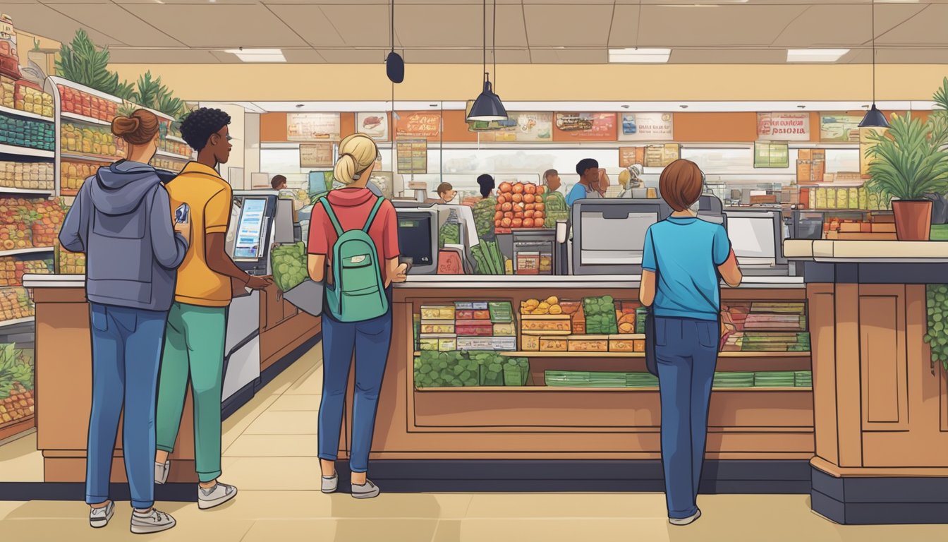 A bustling Trader Joe's checkout counter with a customer holding an iPhone near the payment terminal, while a cashier waits to assist