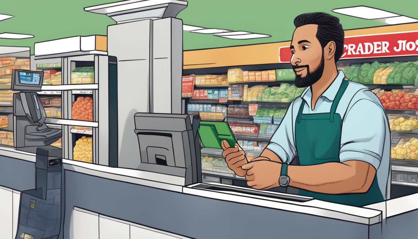 A customer holding an iPhone near the payment terminal at a Trader Joe's checkout counter