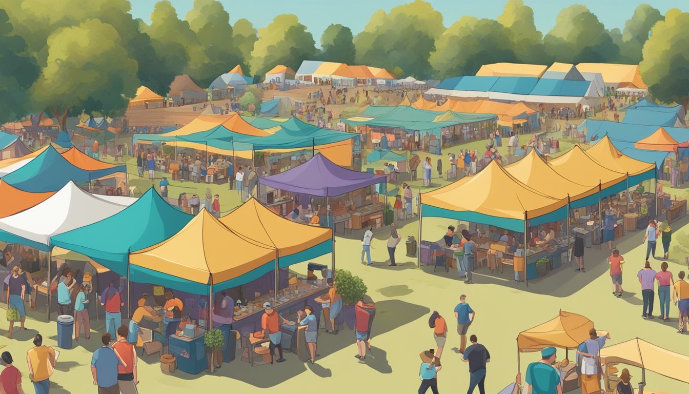 A bustling craft beer festival in Elk Grove, with colorful tents, lively music, and people enjoying various beers at outdoor tables