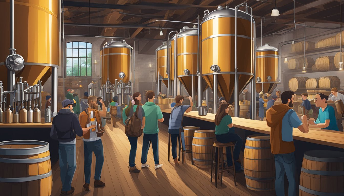 A bustling taproom with patrons sampling various craft beers, while brewers work in the background, surrounded by stainless steel tanks and wooden barrels