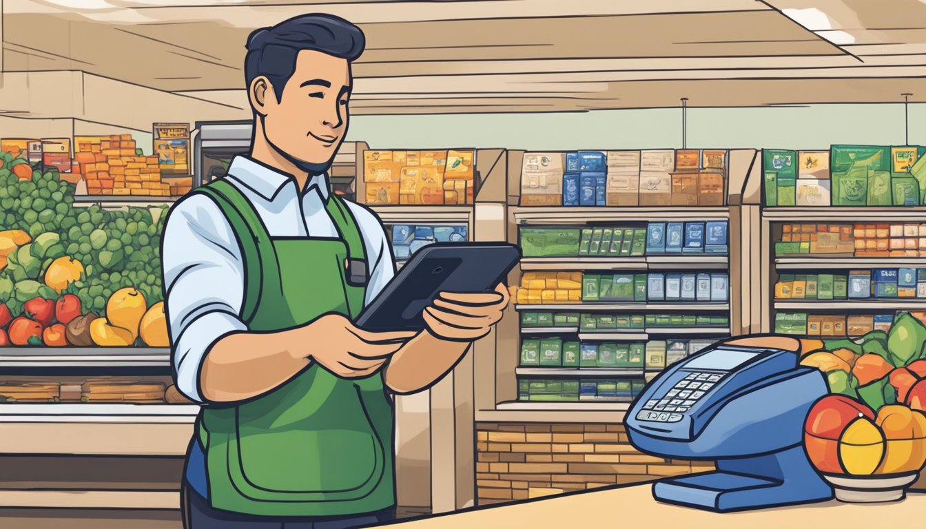 A customer holds their phone near the card reader at Wegmans, ready to make a purchase using Apple Pay